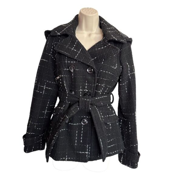 Maralyn & Me Double Breasted Pea Coat Tweed Black Plaid Jacket - Picture 3 of 14